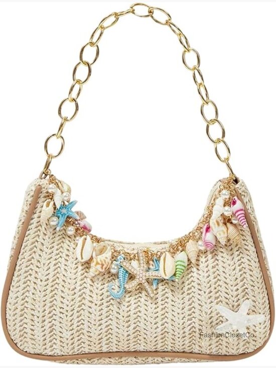 Handbags - Boho Seashell Starfish Straw Shoulder Handbag with Chain Strap